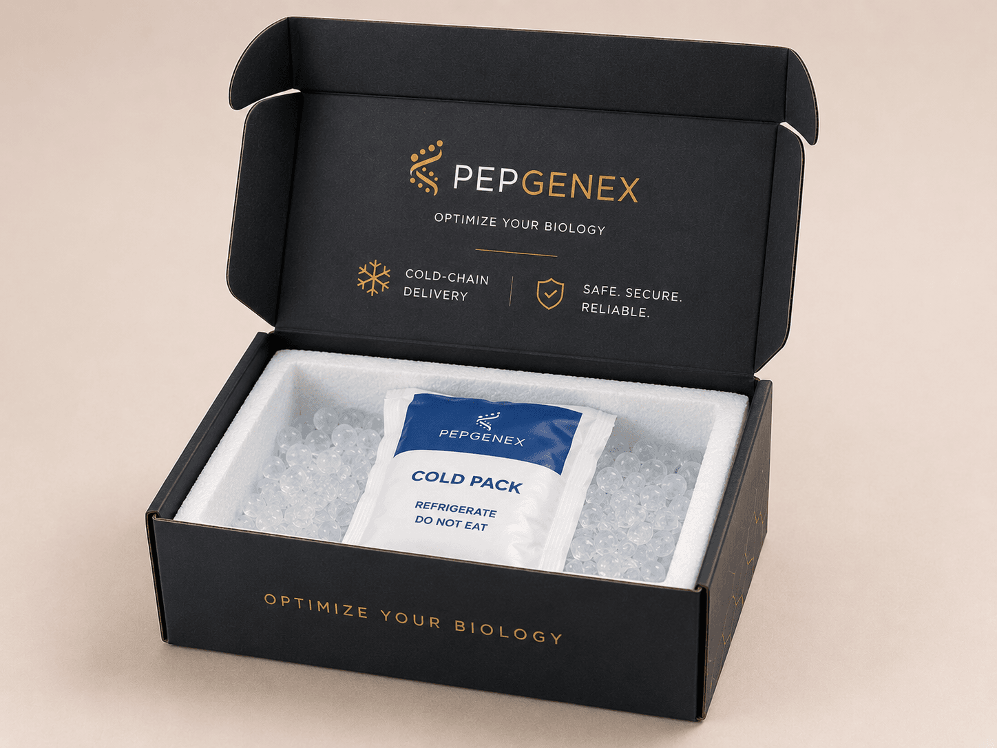 PepGenex cold-chain shipping box with insulated cold pack